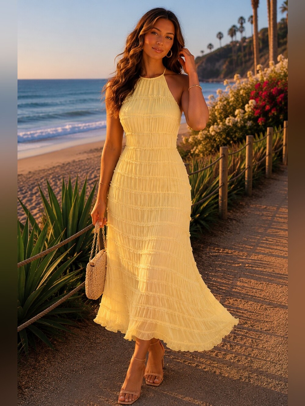 NWT Commense Strappy Back Yellow Halter Dress High Neck Ruched Small Butter S